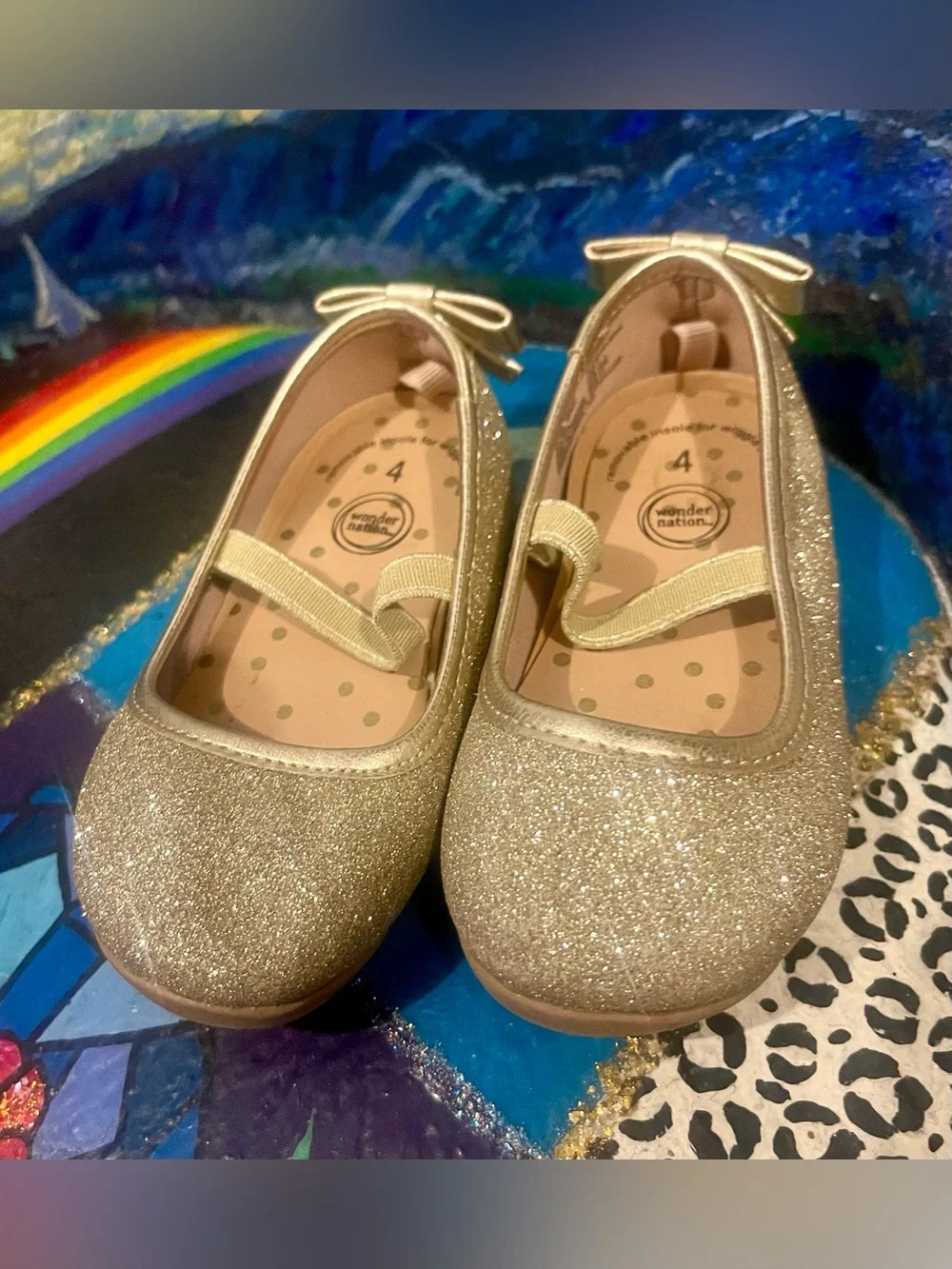 wonder nation Gold Glitter Mary Jane Flats with Bow Toddler Size 4